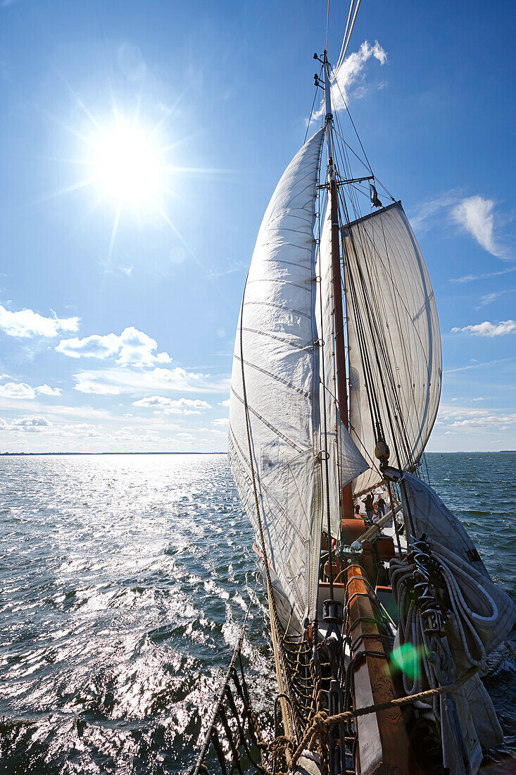 Sailing ship on the Bay of Greifswald, near island of Ruegen, Mecklenburg-Western Pomerania, Germany