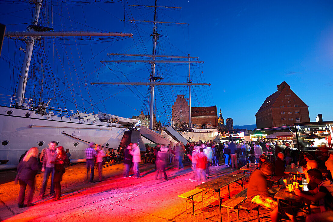 Dance in harbor in the evening, Stralsund, Mecklenburg-Western Pomerania, Germany