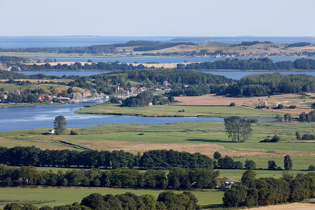 View from Granitz Hunting Lodge over Southeast Ruegen Biosphere Reserve, Bay of Greifswald in background, island of Ruegen, Mecklenburg-Western Pomerania, Germany