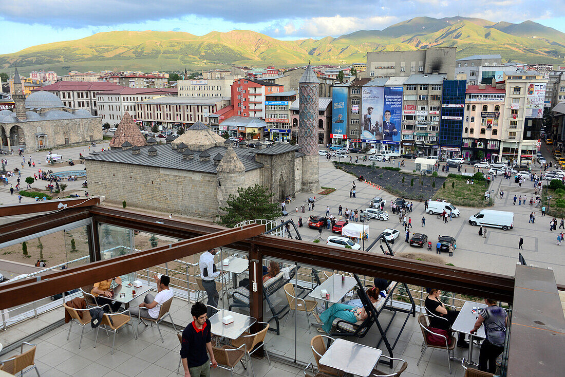 View from a cafe in Erzurum at Yakutiye Medrese, East Anatolia, East Turkey, Turkey