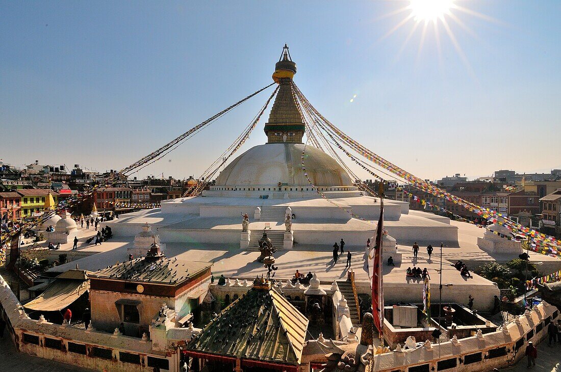 'Boudhanath Stupa at sunset lights in Khatmandu, Nepal; the largest and most beautiful in the world.'