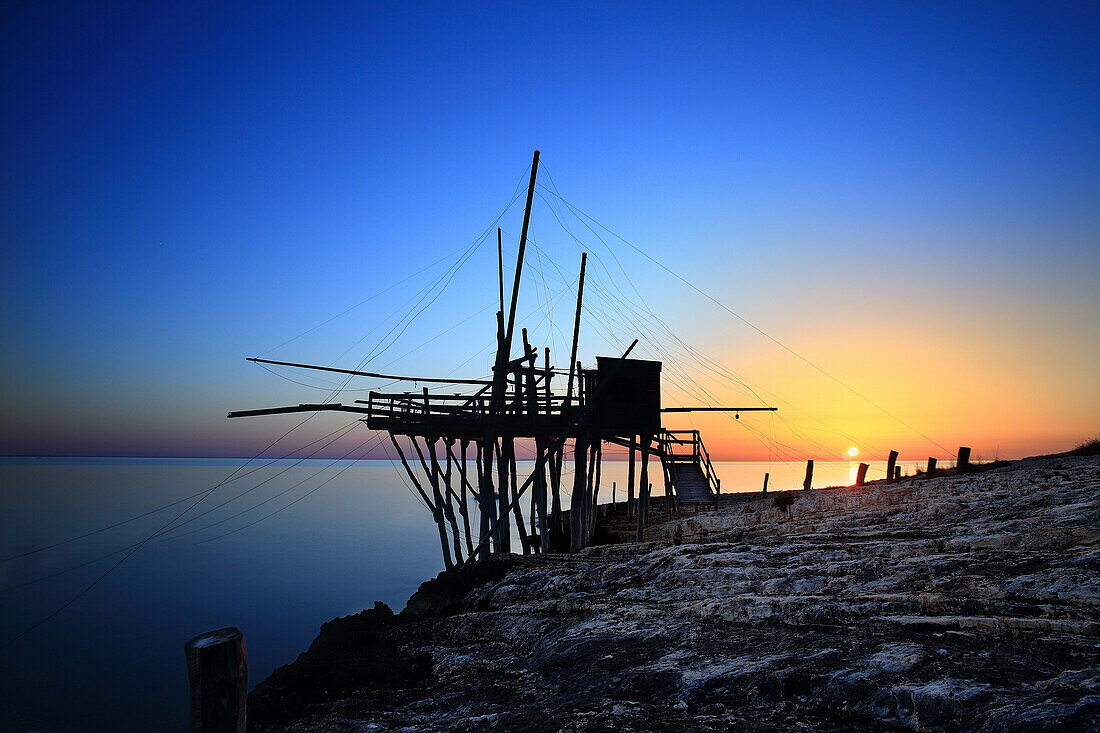 The Trabucco, Trabucco is an ancient system of coastal fisheries, some of these tools are still used today, This one is located in Vieste town, Gargano, Puglia, Italy