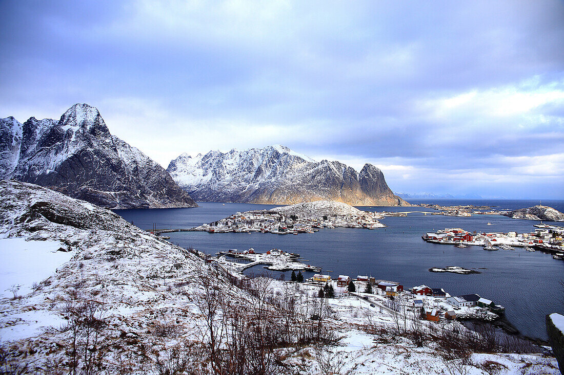 Panorama of Reine city, view from above, with its islands and snow-capped mountains in the background, Lofoten islands -Norway