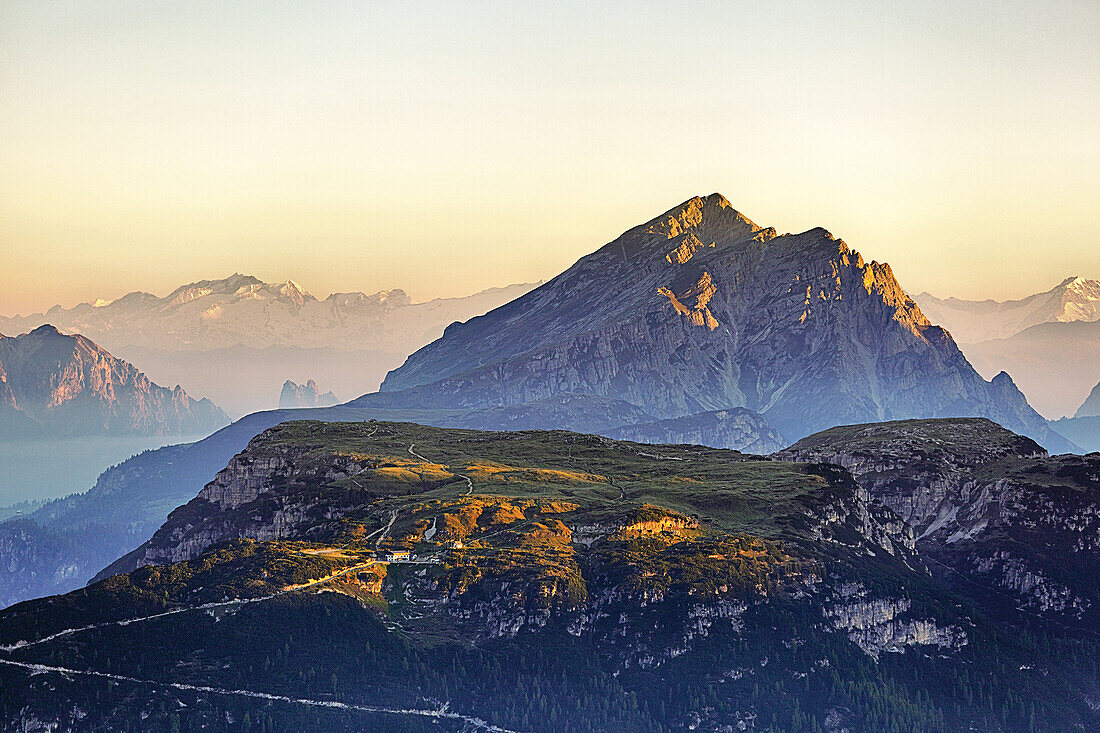 View of the Picco di Vallandro and Monte Piana sunrise in the Dolomites, South Tyrol