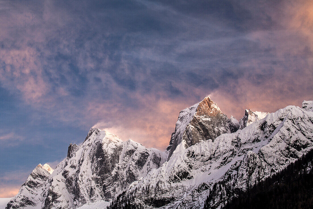 The peaks Cengalo and Badile, granite giants in Bondasca valley. The peaks are the border between Switzerland and Italy, Bregaglia valley, Alps, Canton Grigioni, Italy.