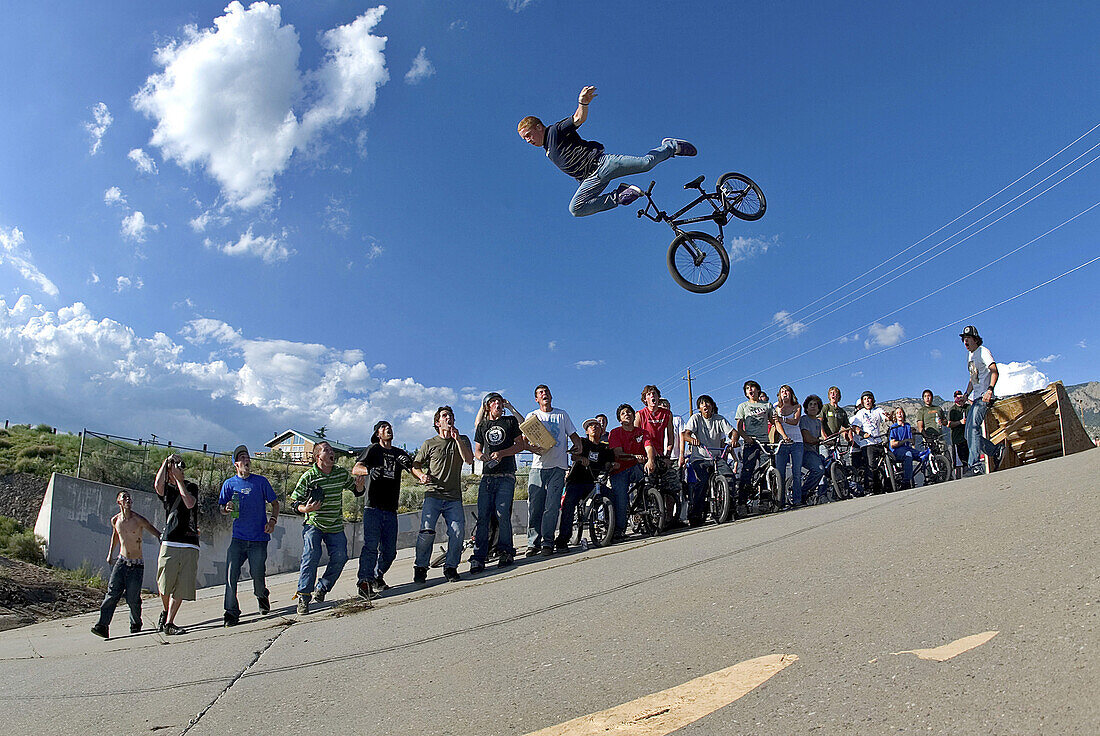 A BMX rider who goes by the name O'Doyle bails off his bike after a jump gone wrong during the 3rd Annual Double Ditch Jam in Albuquerque, NM on Saturday, Aug. 26, 2006. Surprisingly the rider walked away with only a few minor scrapes.