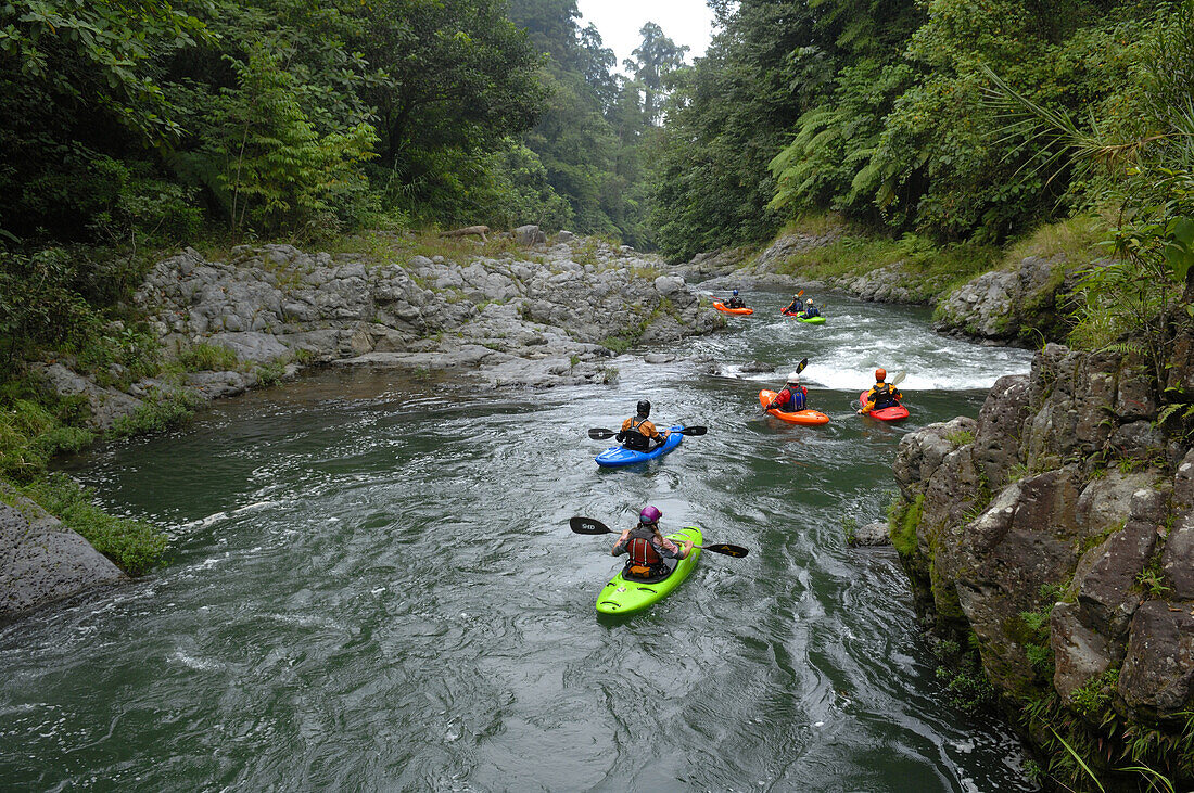 A group of seven kayakers paddles on the Alseseca River  in the Veracruz region of Mexico while looking for huge waterfalls.