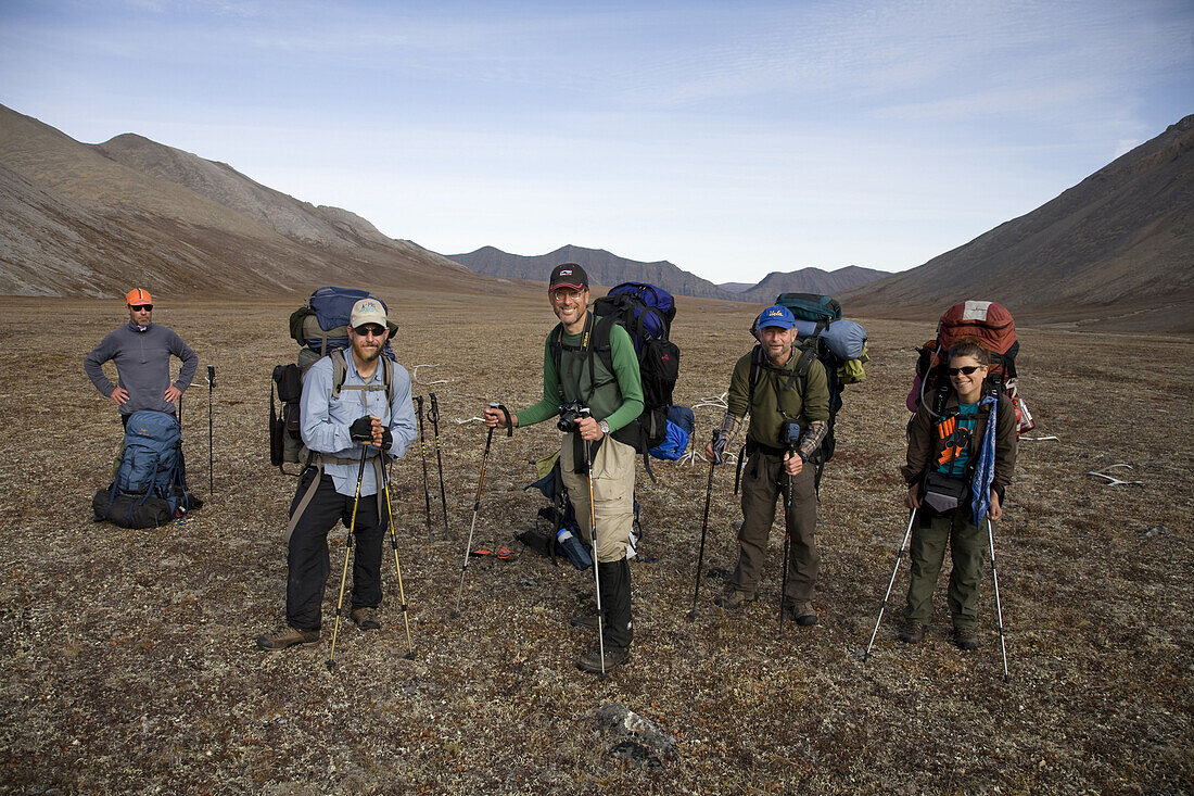 Peter Danzig, Mark Paye, Larry Rodman, George Savtagy pose for a group photo in the upper elevations of the Philip Smith Mountains in Alaska's Arctic National Wildlife refuge, on August 27, 2008.