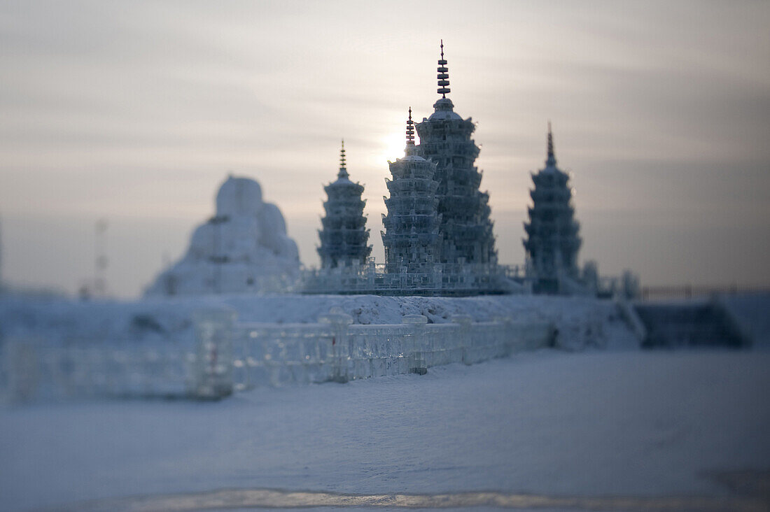An ice sculpture of pagoda towers in Harbin, China on January 17, 2009. The Harbin Ice and snow festivals is one of the world's biggest, and it covers an area of 400,000 square meters, with ice consumption at 120,000 cubic meters. There are more than 2000