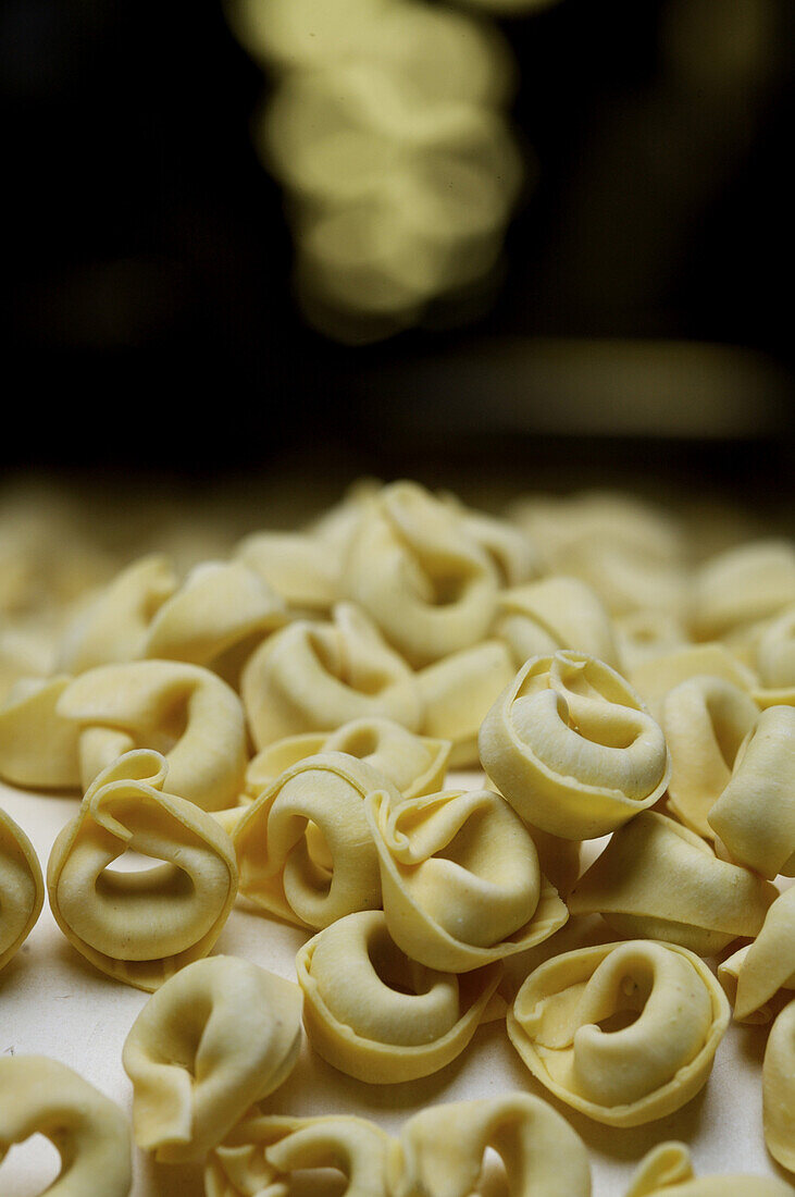 Tortellini pasta runs off a conveyor belt at the world's largest pasta factory near Parma, Italy.