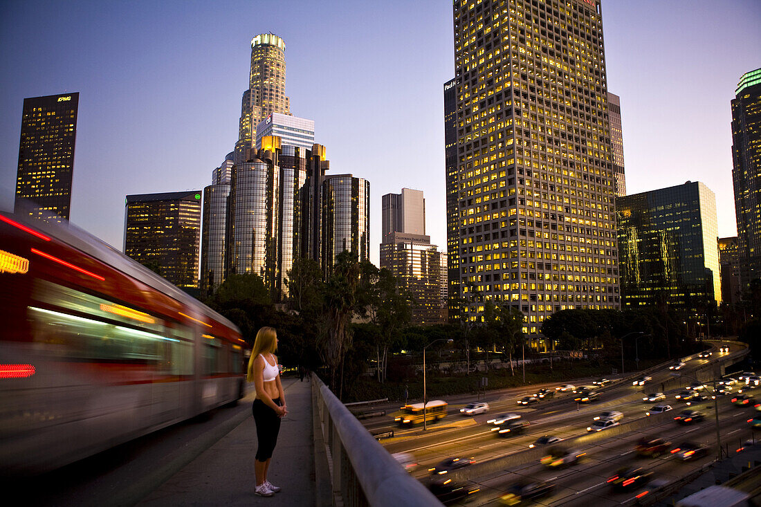 Tricia Hoffman before a run on an overpass in downtown Los Angeles