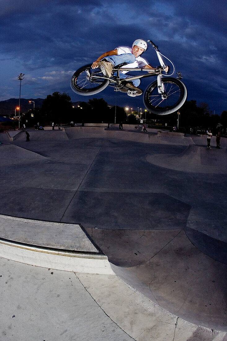 A BMX rider jumps at the Los Altos Skate Park in Albuquerque, N.M.