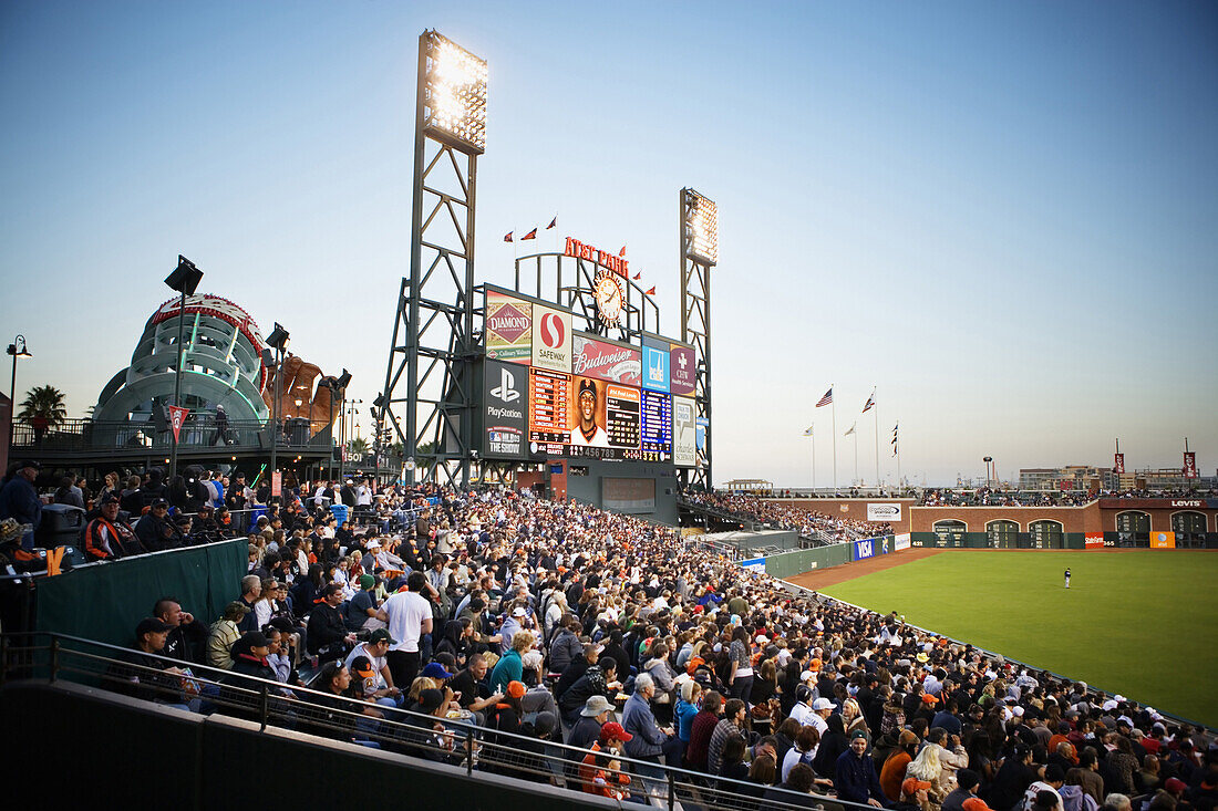 High angle view of AT&T Baseball Park and scoreboard in San Francisco, California.