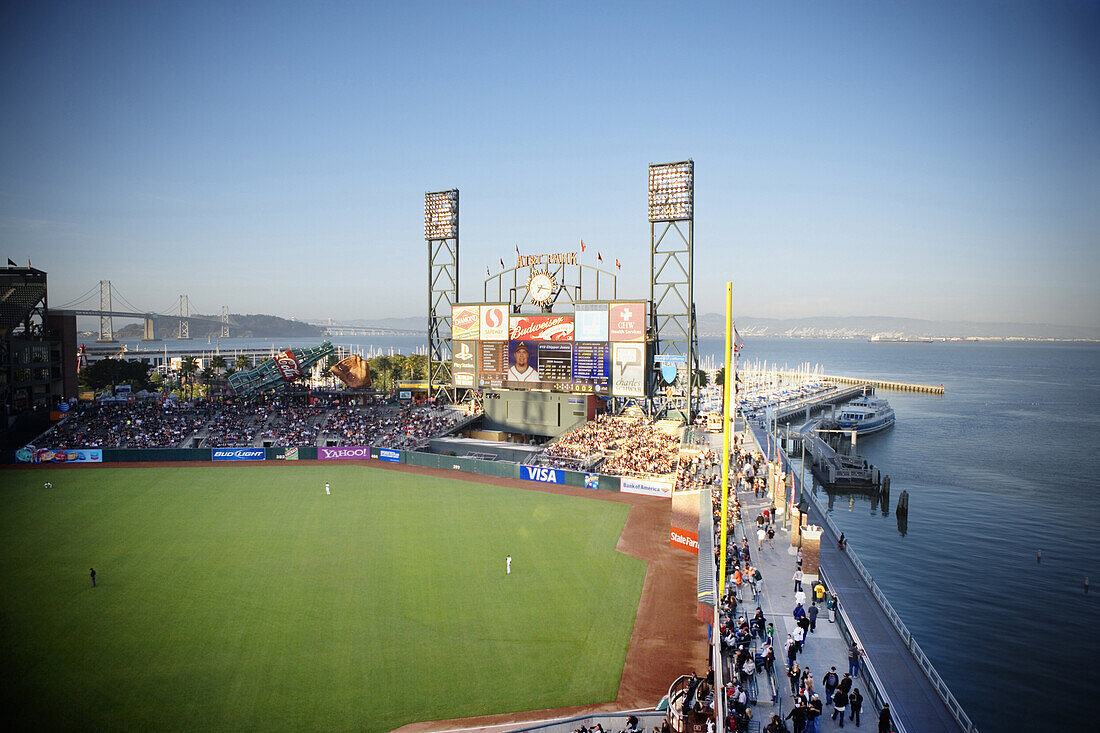 High angle view of AT&T Baseball Park and McCovey Cove, San Francisco, California.