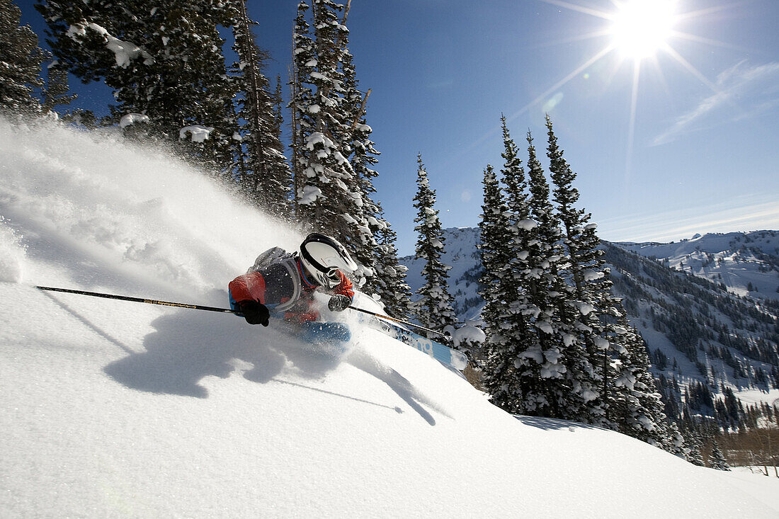 A male skier skis fresh powder in the Wasatch Backcountry, Utah.