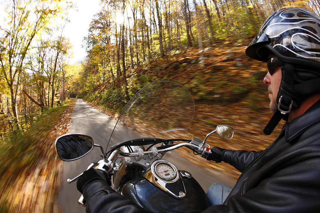 Bill Corley rides his Suzuki Boulevard motorcycle down into the New River Gorge near Fayetteville, WV