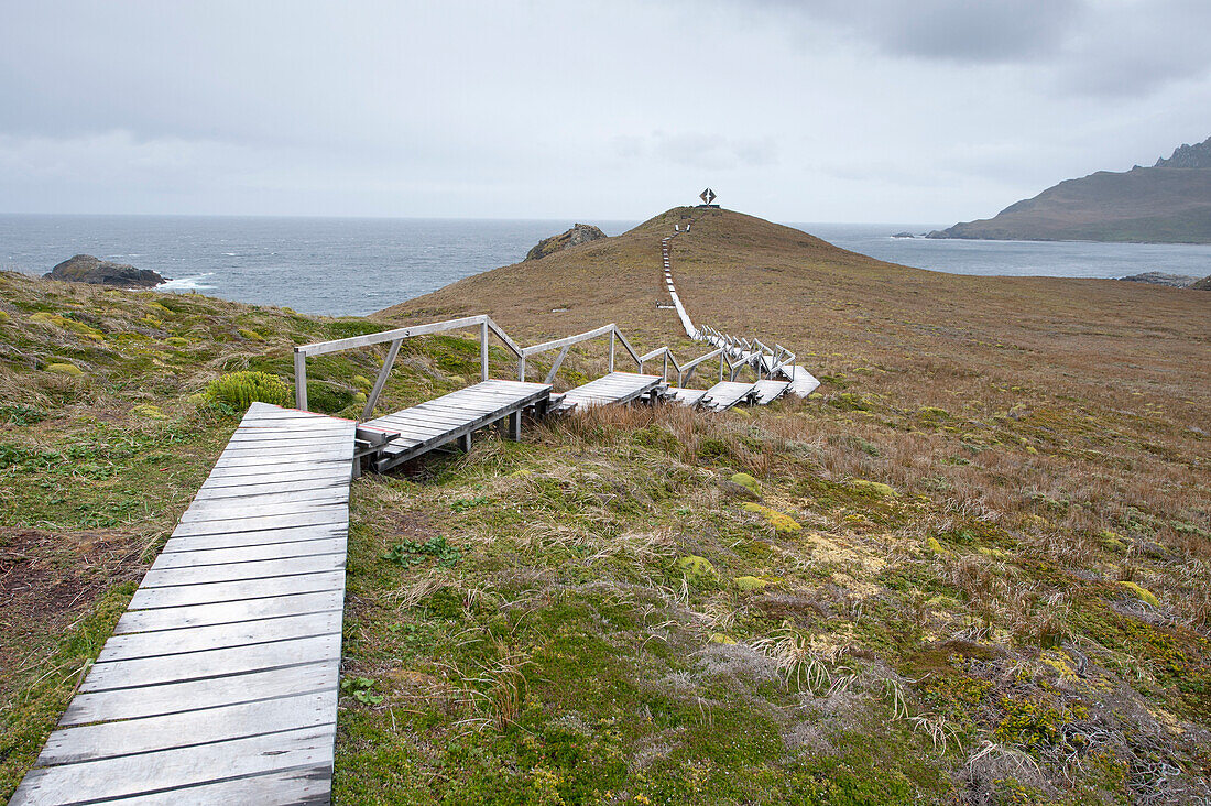 Boardwalk to Albatros monument in Cape Horn National Park, Cape Horn, Isla Hornos, Magallanes y de la Antartica Chilena, Patagonia, Chile