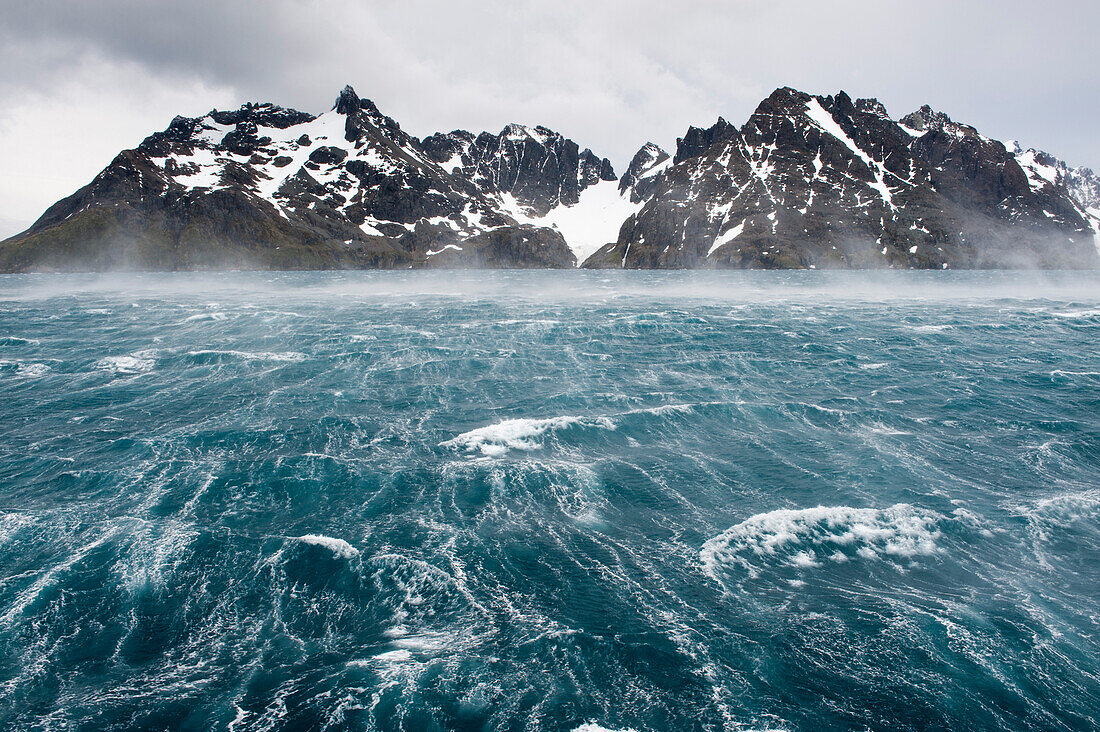Stormy waters and rugged mountains, Drygalski Fjord, South Georgia Island, Antarctica