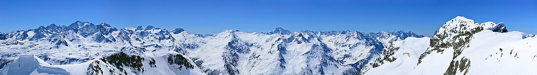 Panoramic view of Bernina Range and Bregaglia range, Piz Lagrev, Oberhalbstein Alps, Canton of Graubuenden, Switzerland