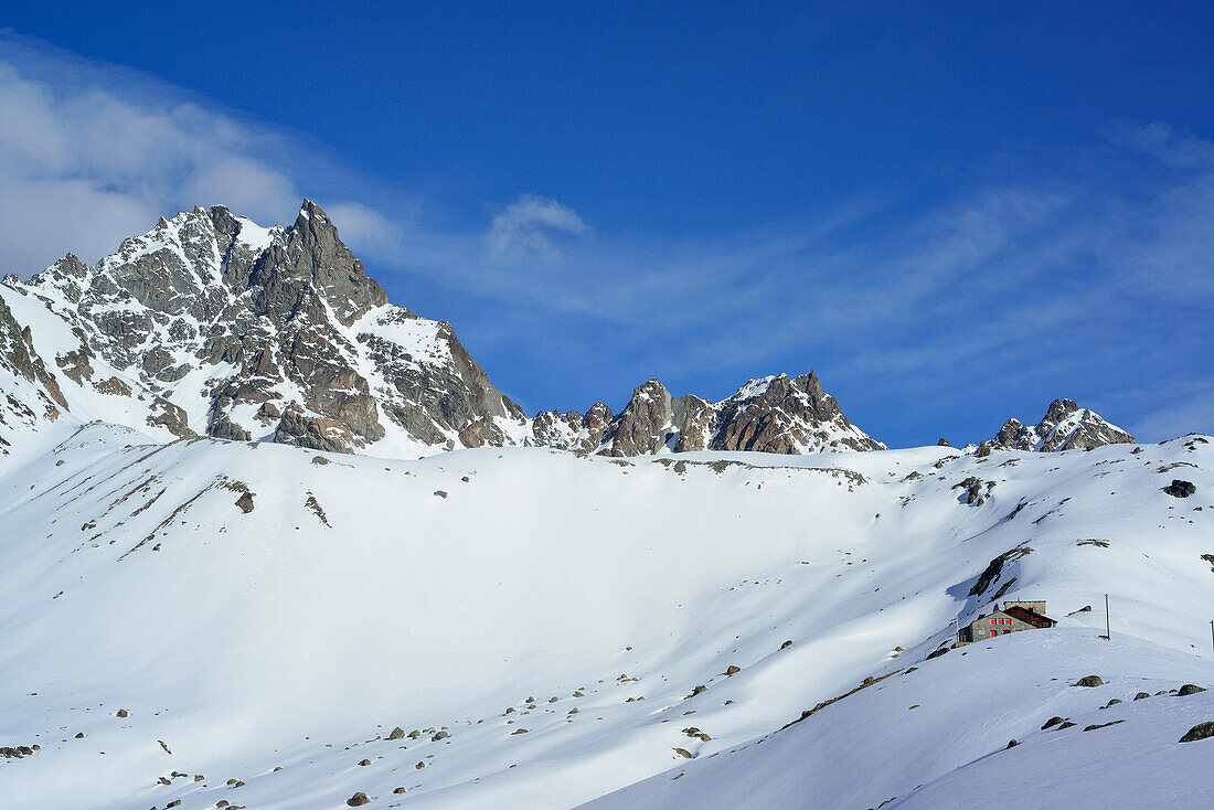 Piz Kesch with Es-cha hut, Upper Engadin, Engadin, Canton of Graubuenden, Switzerland