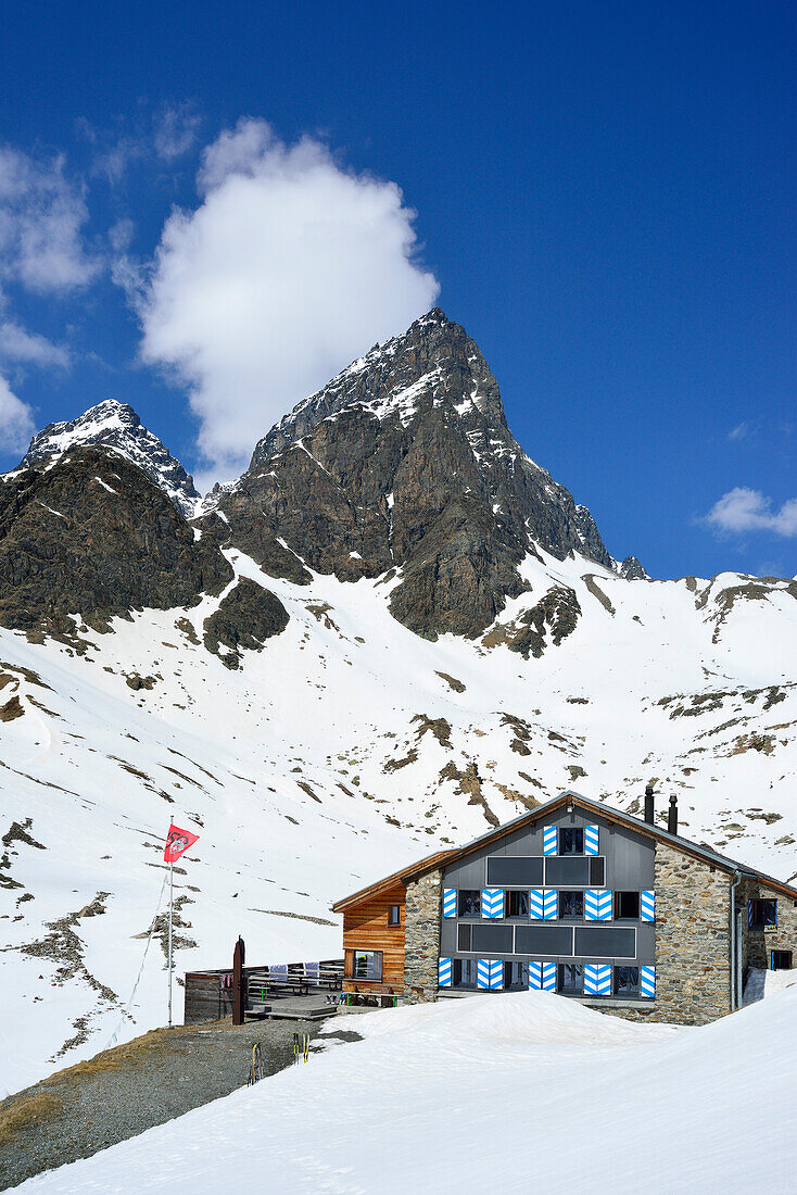 Chamanna Tuoi with Piz Buin, Silvretta Range, Lower Engadin, Engadin, Canton of Graubuenden, Switzerland