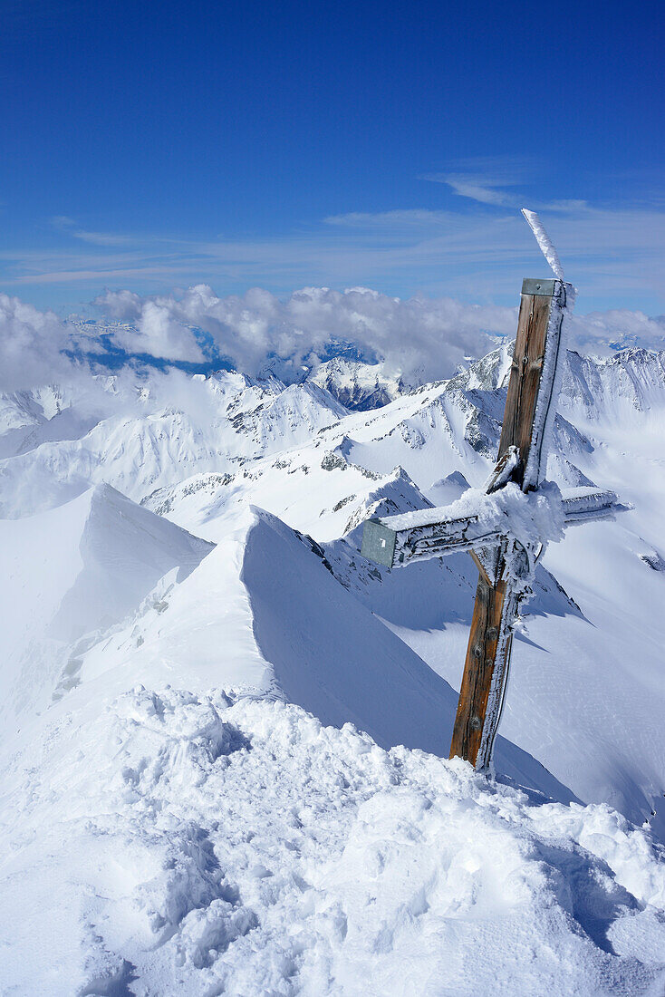 Summit cross at Grosser Moeseler, Zillertal Alps, South Tyrol, Italy