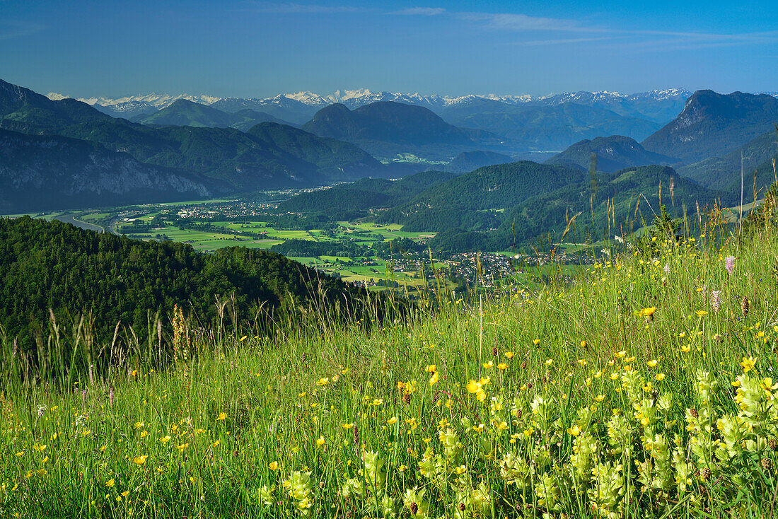 View from Kranzhorn over Inn valley to mountain scenery, Chiemgau Alps, Tyrol, Austria
