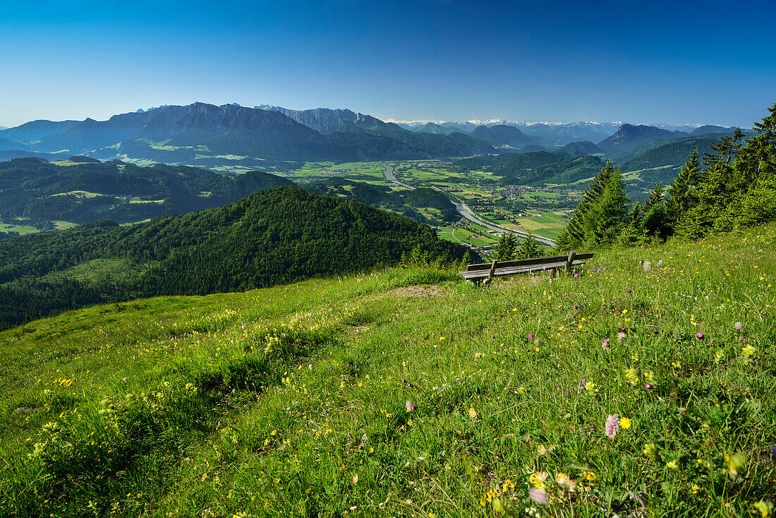 Bank in einer Blumenwiese, Kaisergebirge, Inntal und Zillertaler Alpen im Hintergrund, Kranzhorn, Chiemgauer Alpen, Tirol, Österreich