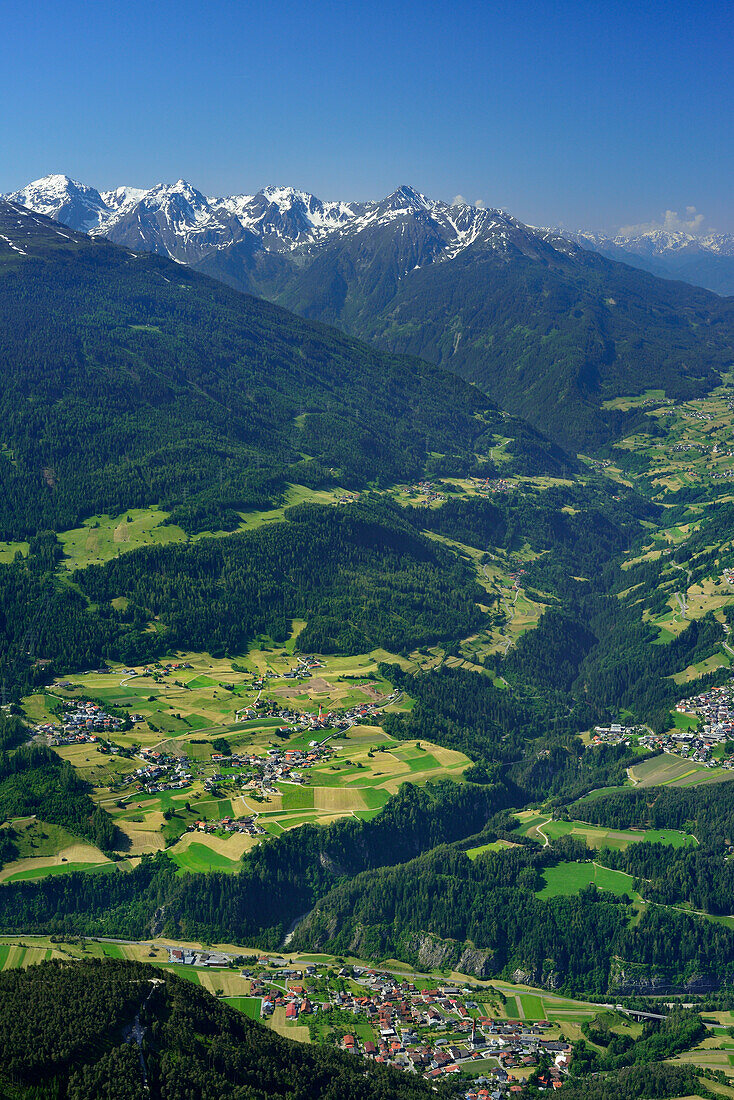 View from Tschirgant over Pitz valley to Oetztal Alps, Mieming Range, Tyrol, Austria