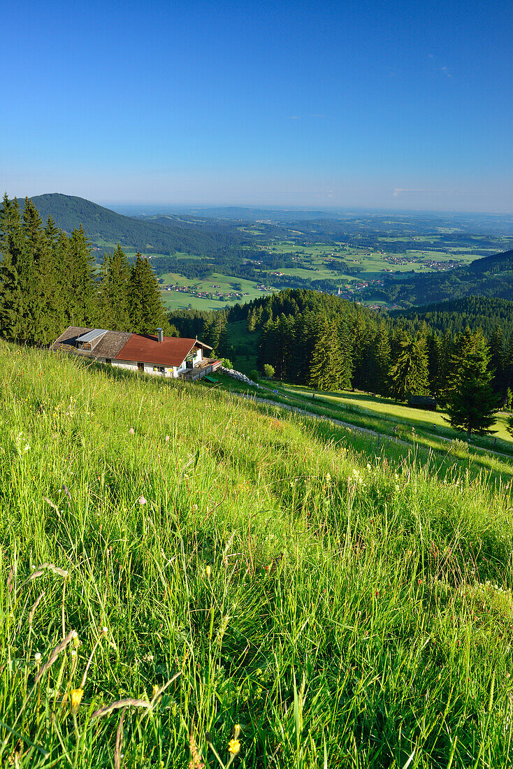 Hut Bucheralm with Leitzach valley in background, Breitenstein, Mangfall Mountains, Bavarian Prealps, Upper Bavaria, Bavaria, Germany