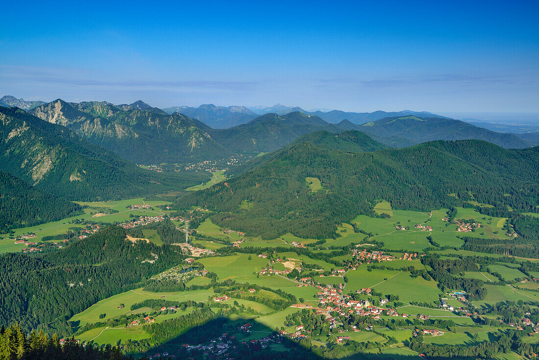 View over Leitzach Valley to Bavarian Alps in background, Breitenstein, Mangfall Mountains, Bavarian Prealps, Upper Bavaria, Bavaria, Germany