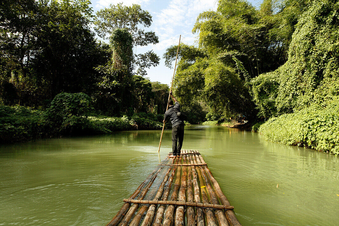 Bamboo raft excursion on the Rio Grande river, near Port Antonio, Portland, Jamaica, Caribbean