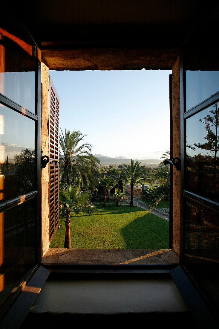Blick durch offenes Fenster mit Palmen, nahe Manacor, Mallorca, Balearen, Spanien, Europa