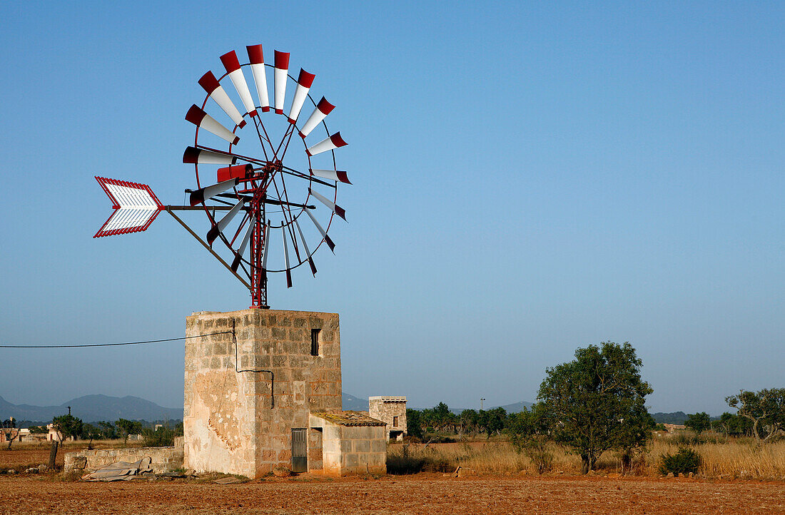 Windrad mit roten und weißen Rotorblättern auf Windmühle, Santanyi, Mallorca, Balearen, Spanien, Europa