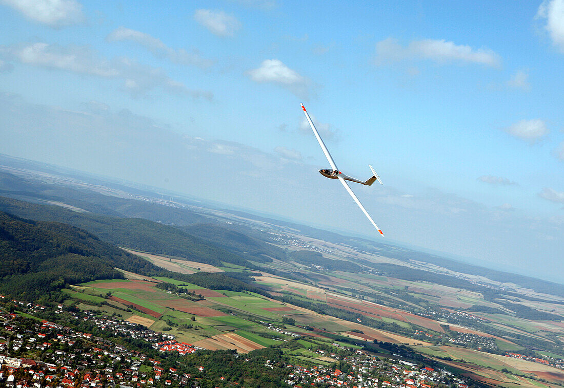 Aerial of glider aircraft during a flight, Odershausen, Bad Wildungen, Hesse, Germany, Europe