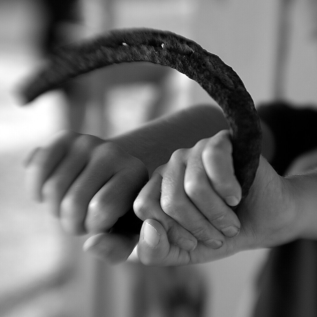 Hände halten ein Hufeisen (Schwarzweißaufnahme unter Nutzung von Lensbaby-Technik), Borden, Western Australia, Australien