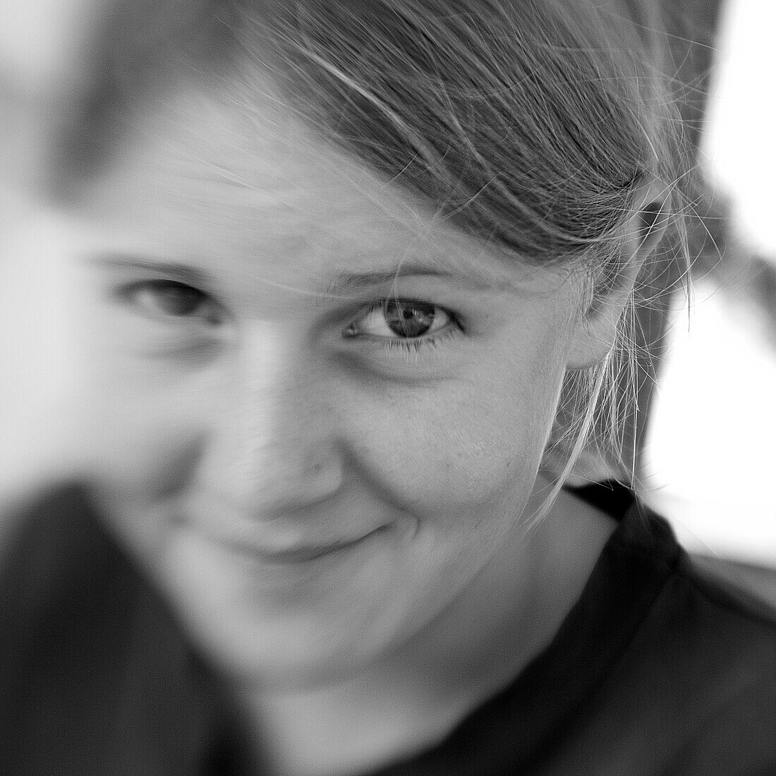Girl looking into the camera (black and white photo using Lensbaby technique), Borden, Western Australia, Australia