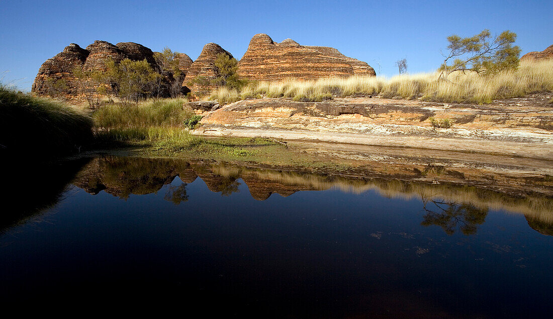 Die Hügel der Bungle Bungles spiegeln sich in einem kleinen See, Purnululu Nationalpark, Western Australia, Australien