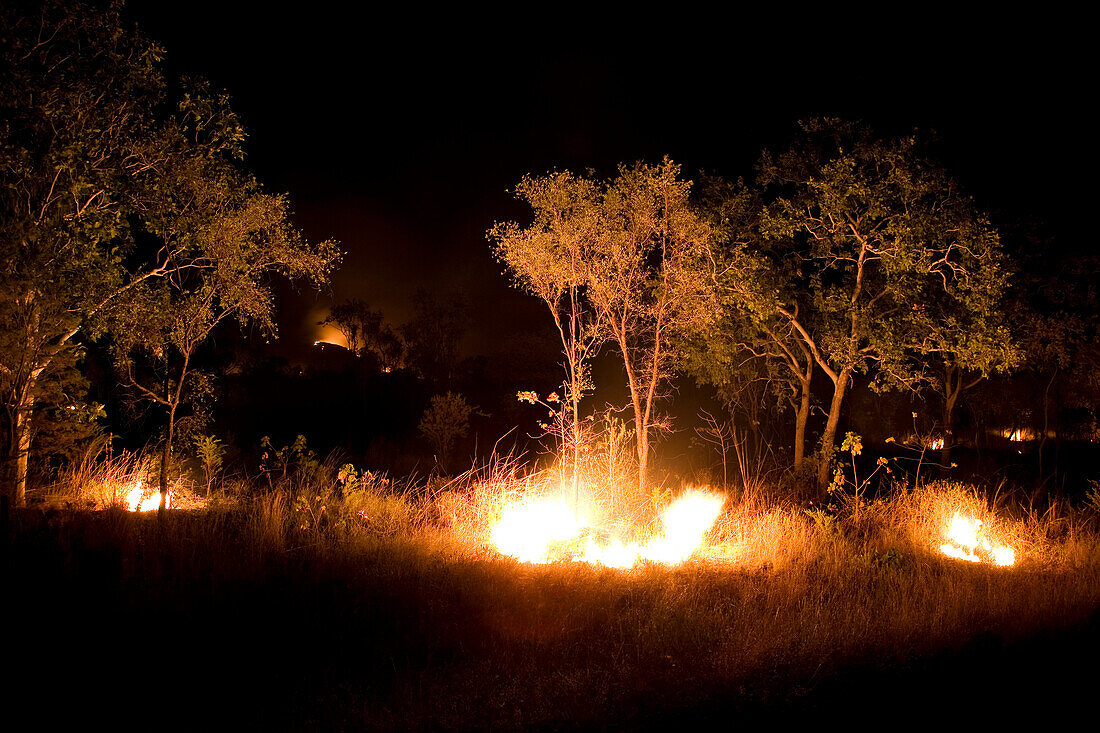 Ein Buschfeuer brennt bei Dunkelheit, nahe Lake Argyle, nahe Kununurra, Western Australia, Australien