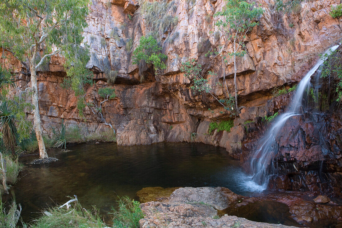 Lily Creek Lagoon mit Wasserfall von einer hohen Wand aus rotem Gestein, Kununurra, Western Australia, Australien