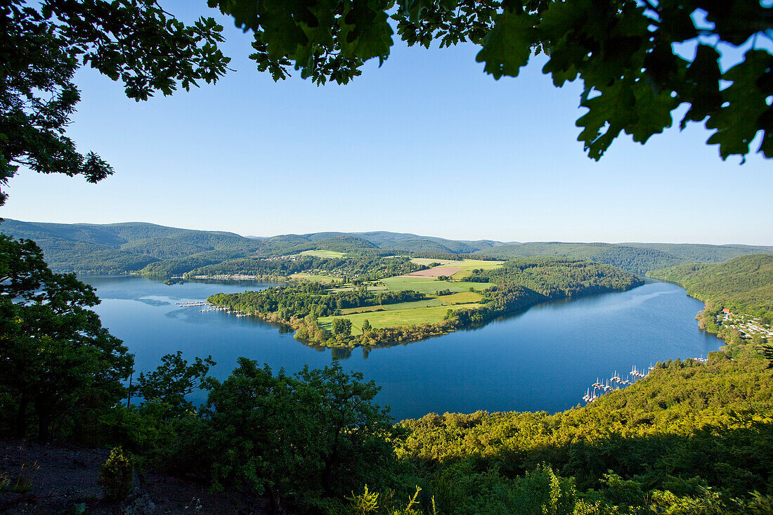 View of Lake Edersee from Kahle Hard Route viewpoint near Bringhausen in Kellerwald-Edersee National Park, Lake Edersee, Hesse, Germany, Europe