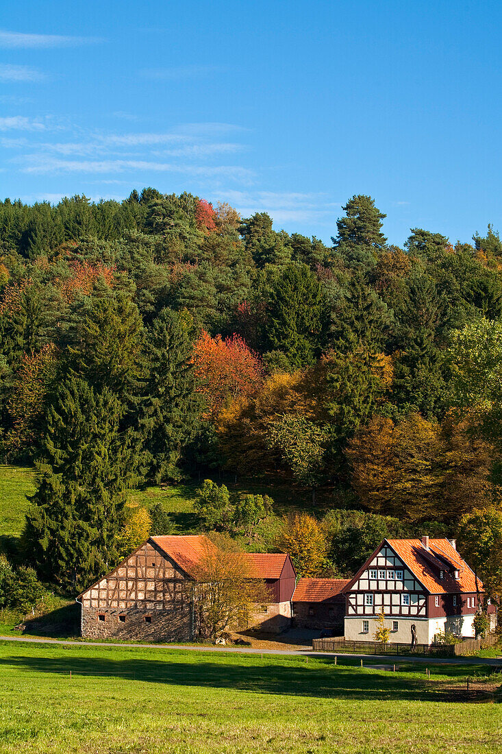 Lengeltal valley in autumn with Oberste Muehle watermill in Kellerwald-Edersee National Park, Frankenau, Hesse, Germany, Europe