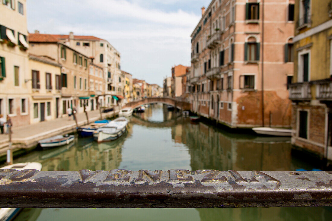 Bridge with Venezia lettering in Cannaregio, Venice, Veneto, Italy, Europe