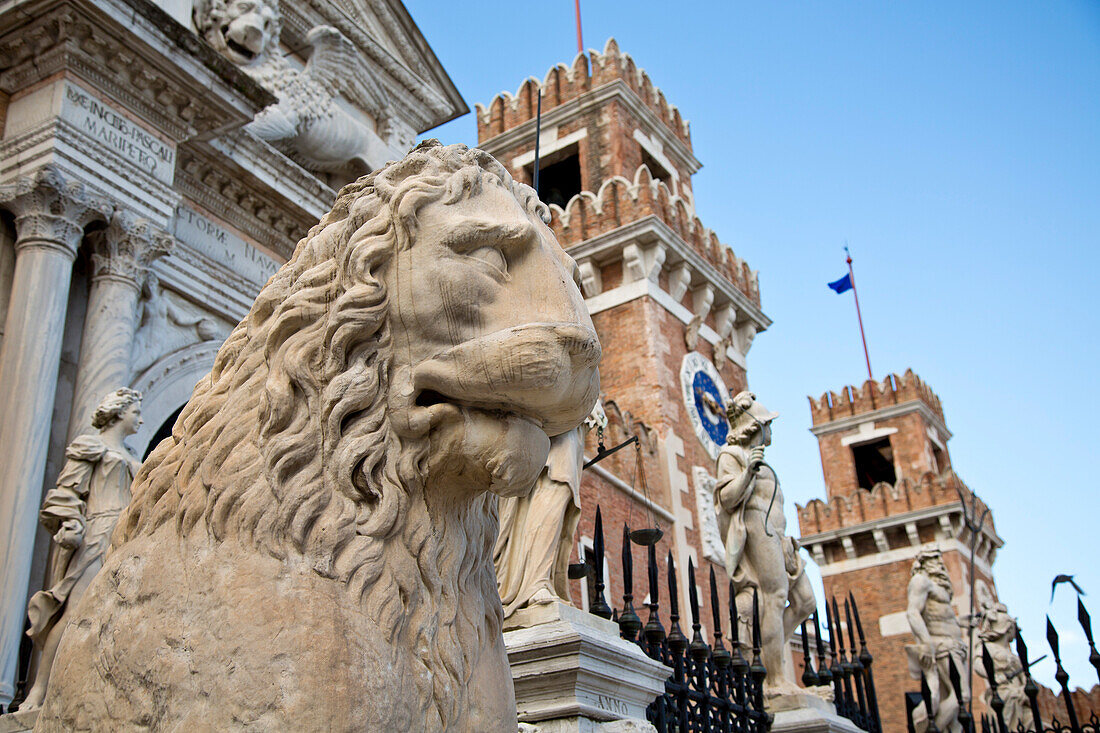 One of the lion sculptures at the Arsenale entrance, Venice, Veneto, Italy, Europe