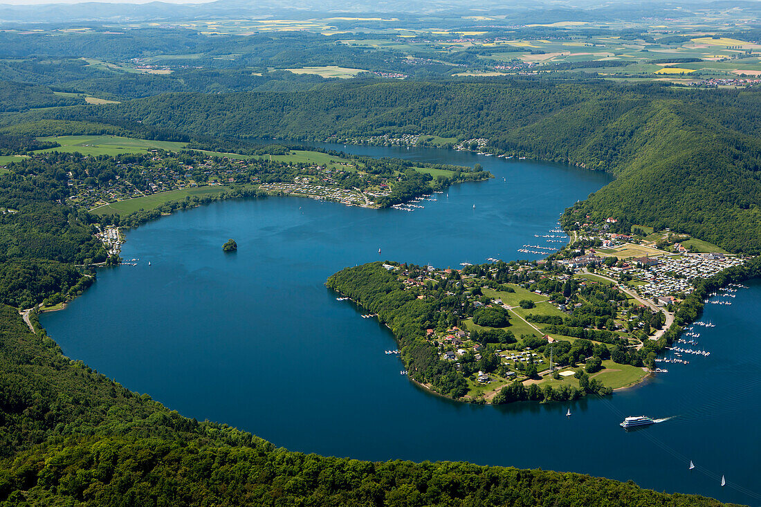 Aerial of Lake Edersee with Scheid Peninsula, Bringhausen, Lake Edersee, Hesse, Germany, Europe