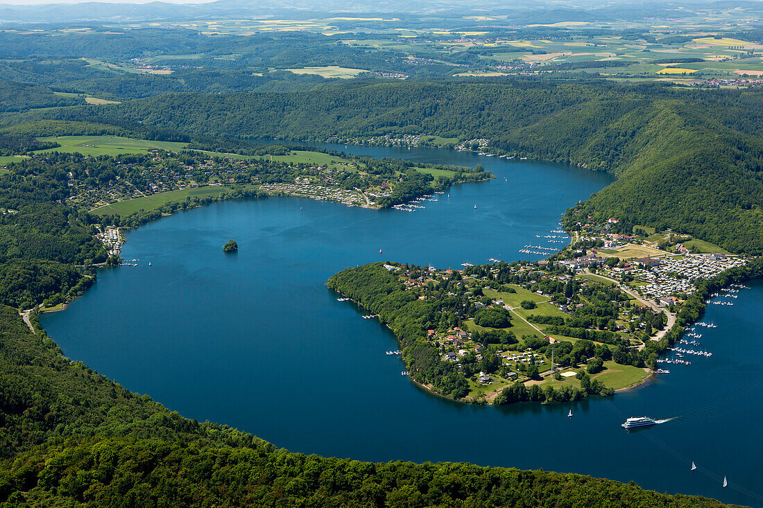 Luftaufnahme vom Edersee im Bereich der Halbinsel Scheid, Bringhausen, Nordhessen, Hessen, Deutschland, Europa