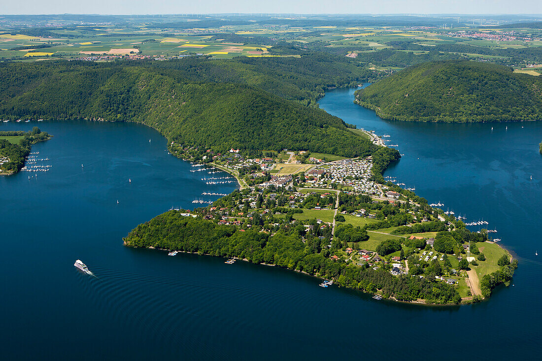 Aerial of Lake Edersee with Scheid Peninsula, Bringhausen, Lake Edersee, Hesse, Germany, Europe