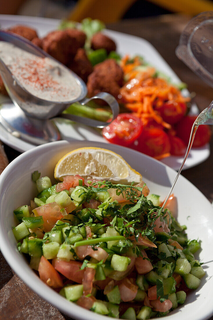 Fresh Israeli salad with cucumbers and tomatoes, Tel-Aviv, Israel, Asia