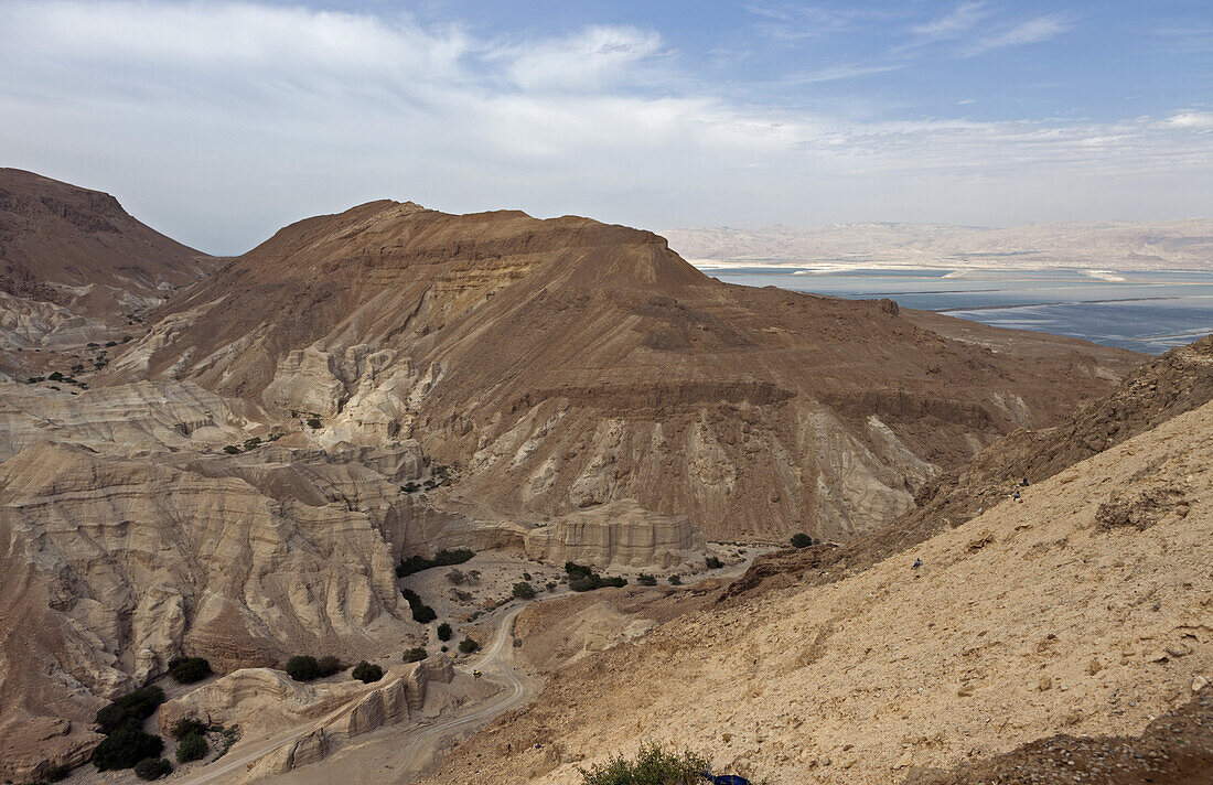 The canyons of Nahal Kidron in the Judean desert and the Dead Sea, Israel, Asia