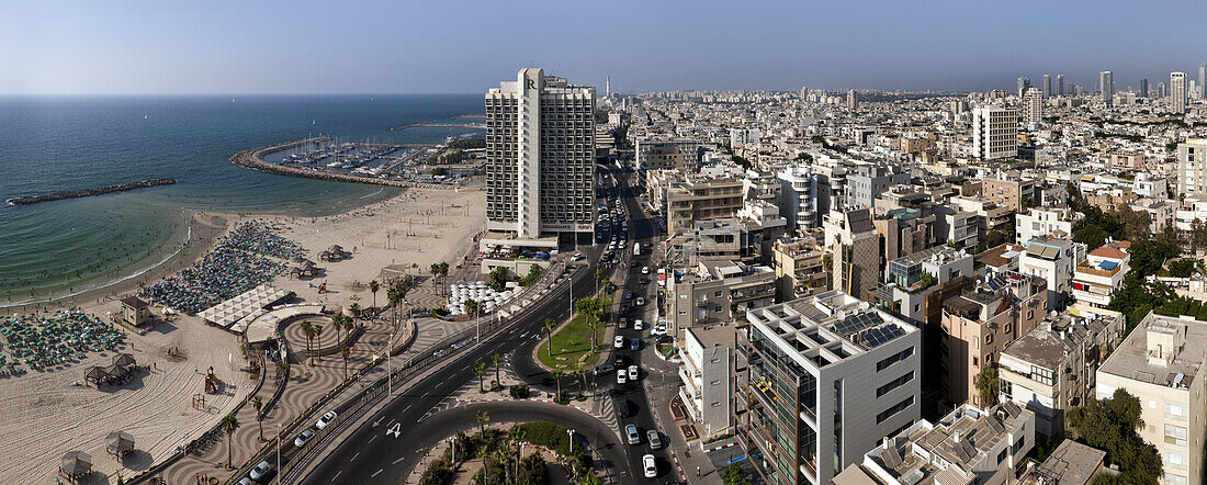 Panorama of Gordon Beach and The Renaissance hotel, Tel-Aviv, Israel, Asia
